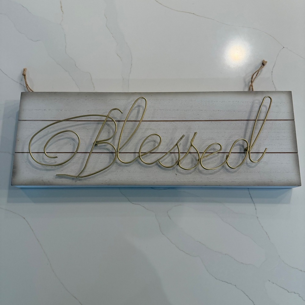 Blessed Wood Wall Sign Gold Wire Script Distressed White Farmhouse Decor 20x7.5 - Picture 1 of 9